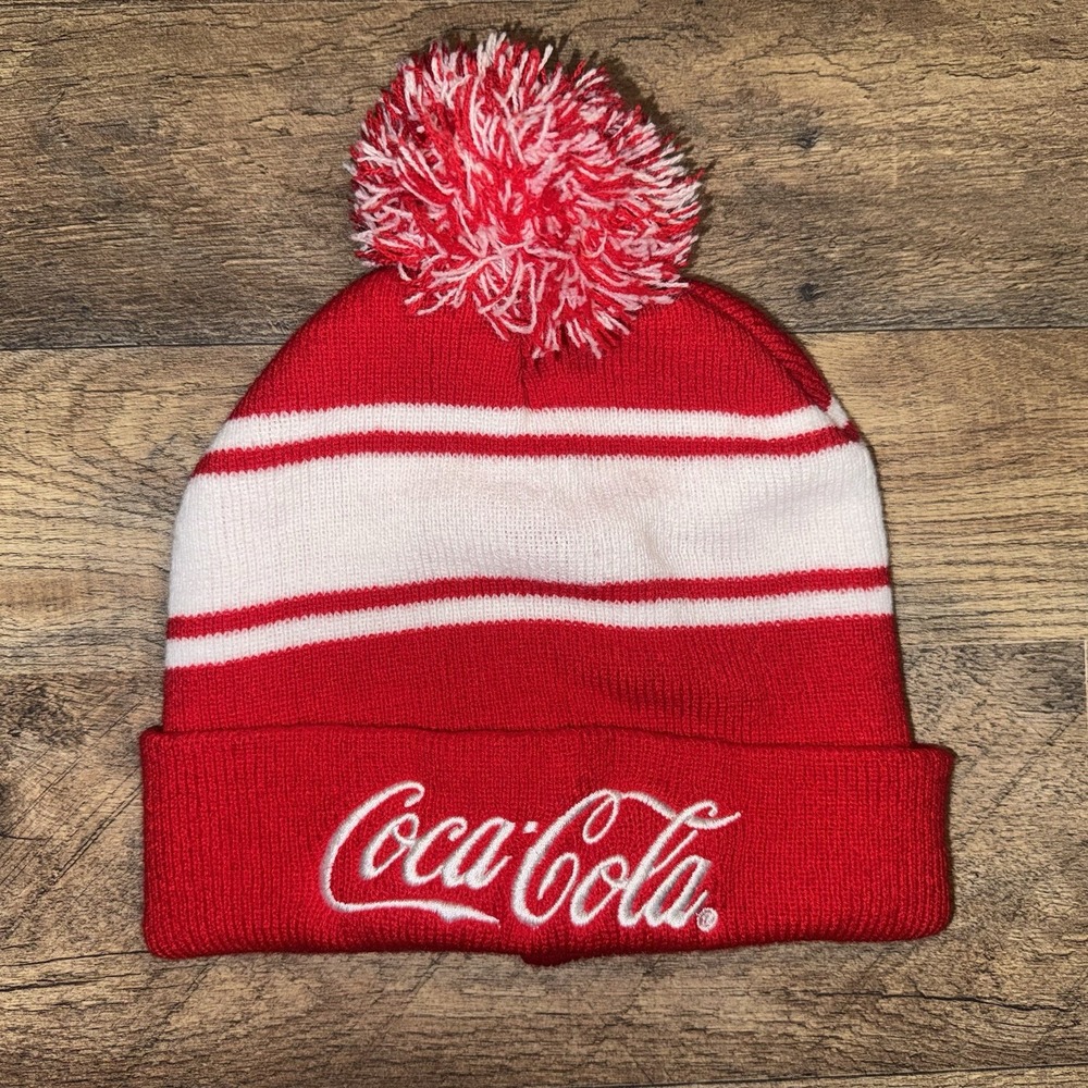 Coca Cola Beanie Toque Adult One Size Red White Stripe Knit Acrylic Pom Ski Snow